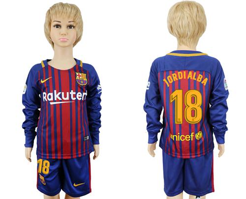 Barcelona #18 Jordi Alba Home Long Sleeves Kid Soccer Club Jersey - Click Image to Close